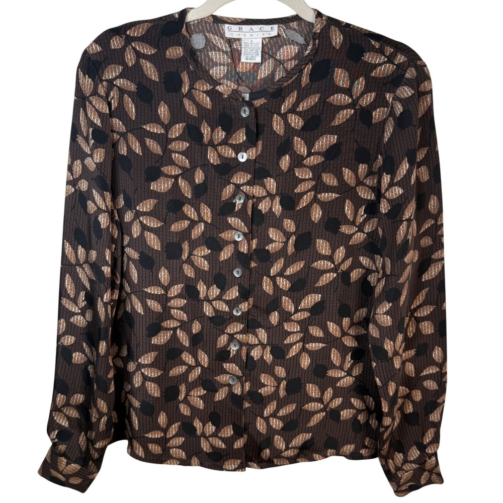 Grace Chemise 100% Silk Blouse S Brown Leaf Mother of Pearl Buttons Vintage 90s